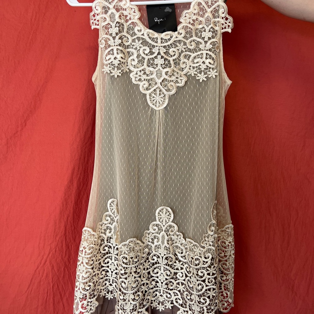 Cream lace dress with dark tan underlay